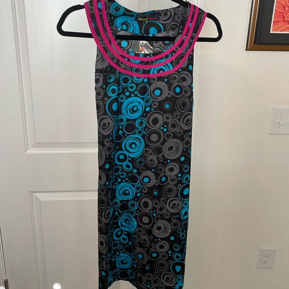 Boho Blue and Black Sleeveless Midi Sundress with Tie back